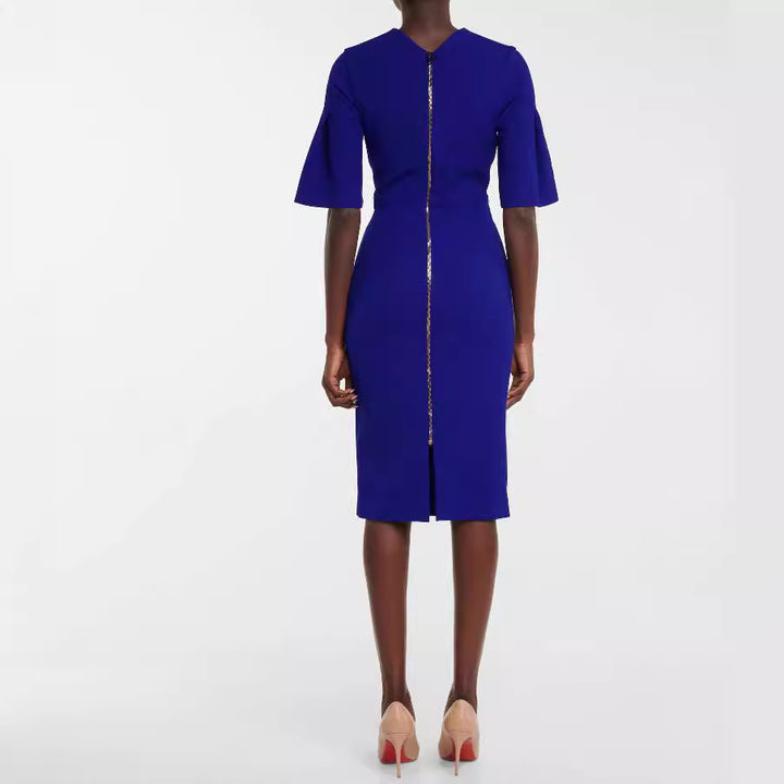 Damen Figurbetontes Midikleid mit Trompetenärmeln und Rundhalsausschnitt Drune