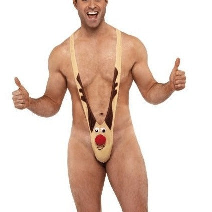 Herren  frecher Rentier Mankini Badeanzug Kostüm mit elastischem Stretch-Slip Drune