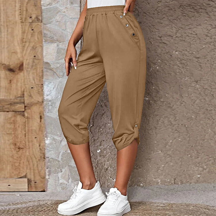 Damen nan lässige dreiviertellange Hose mit elastischem Bund, Eingrifftaschen und krempelbarem Saum Drune