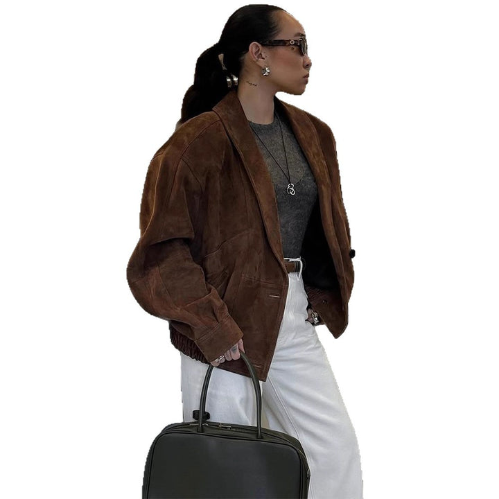 Damen Kurze Veloursleder‑Boxyjacke mit kimonoähnlichem Revers Drune