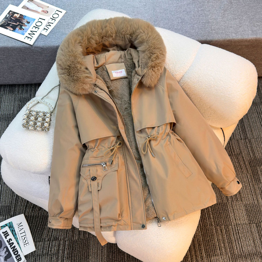 Damen nan kurze gefütterte Parka mit Kunstpelzkragen Teddyfutter Taillenzug und Multifunktions-Taschen Drune