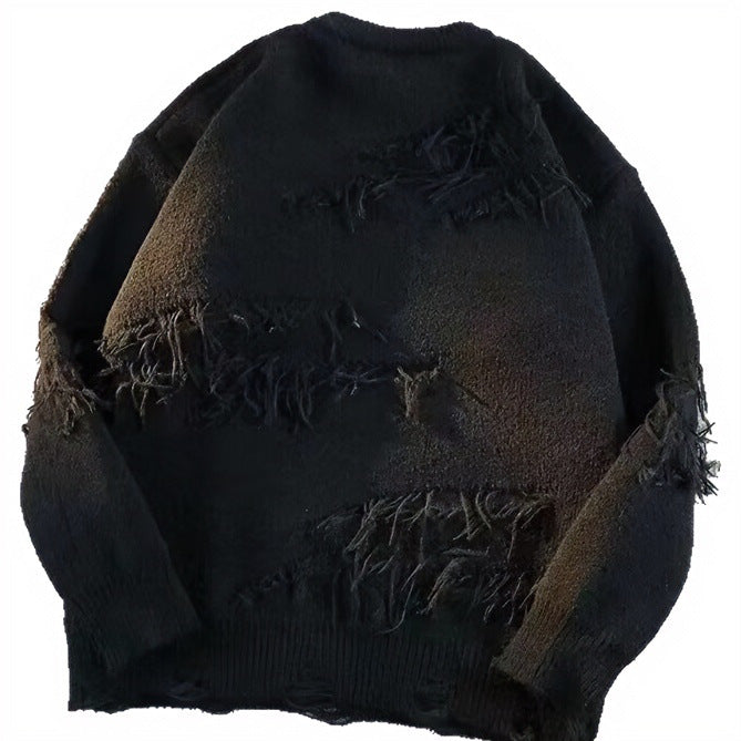 Unisex Oversized Rundhalspullover mit Destroy‑Fransen und geripptem Kragen Drune