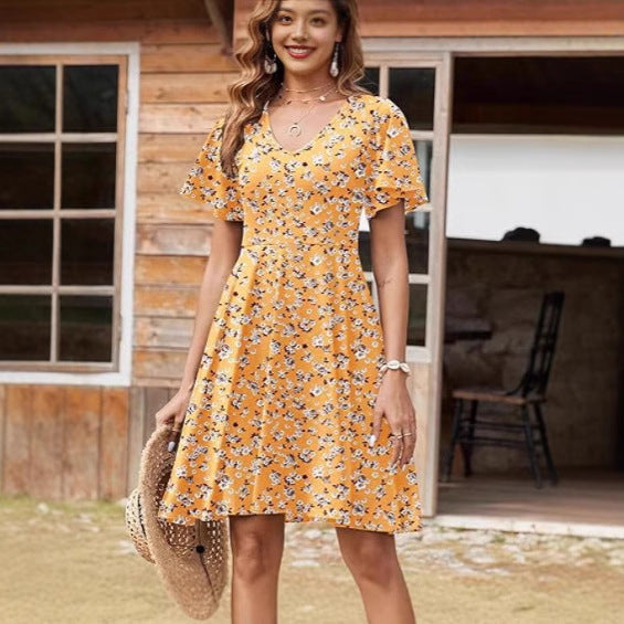 Damen Blumenkleid mit V-Ausschnitt und Röcken Drune