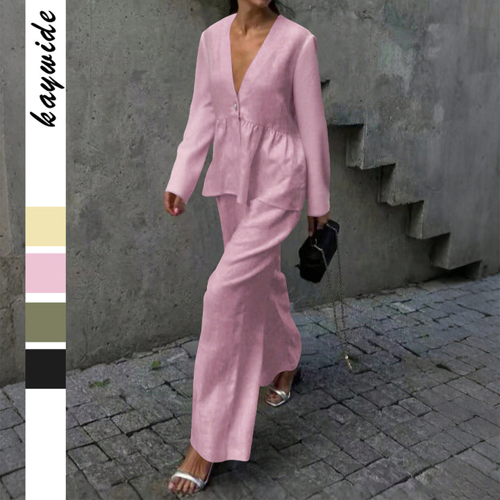 Damen nan legeres Leinenmix-Zweiteiler mit V-Ausschnitt Peplum-Bluse, Einknopfleiste und weitem Palazzo-Hosenbein Drune