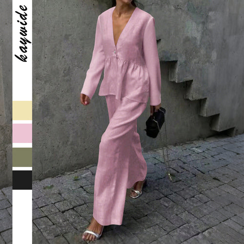 Damen nan legeres Leinenmix-Zweiteiler mit V-Ausschnitt Peplum-Bluse, Einknopfleiste und weitem Palazzo-Hosenbein Drune