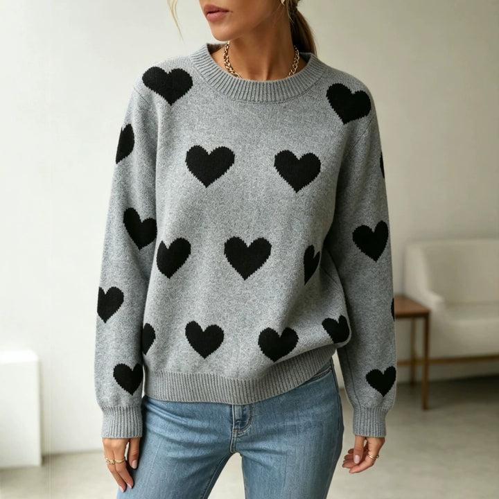Damen Herz-Intarsien Rundhalspullover mit lässiger Oversize-Passform Drune