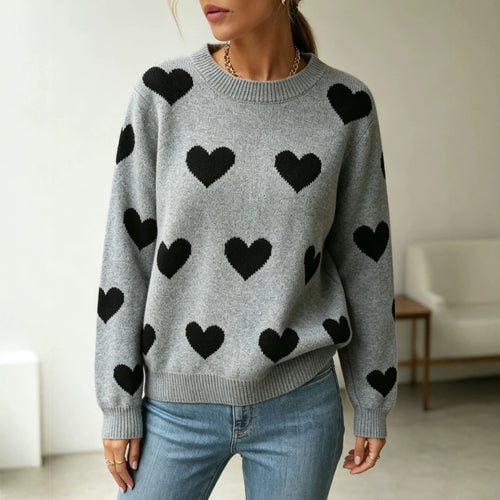 Damen Herz-Intarsien Rundhalspullover mit lässiger Oversize-Passform Drune