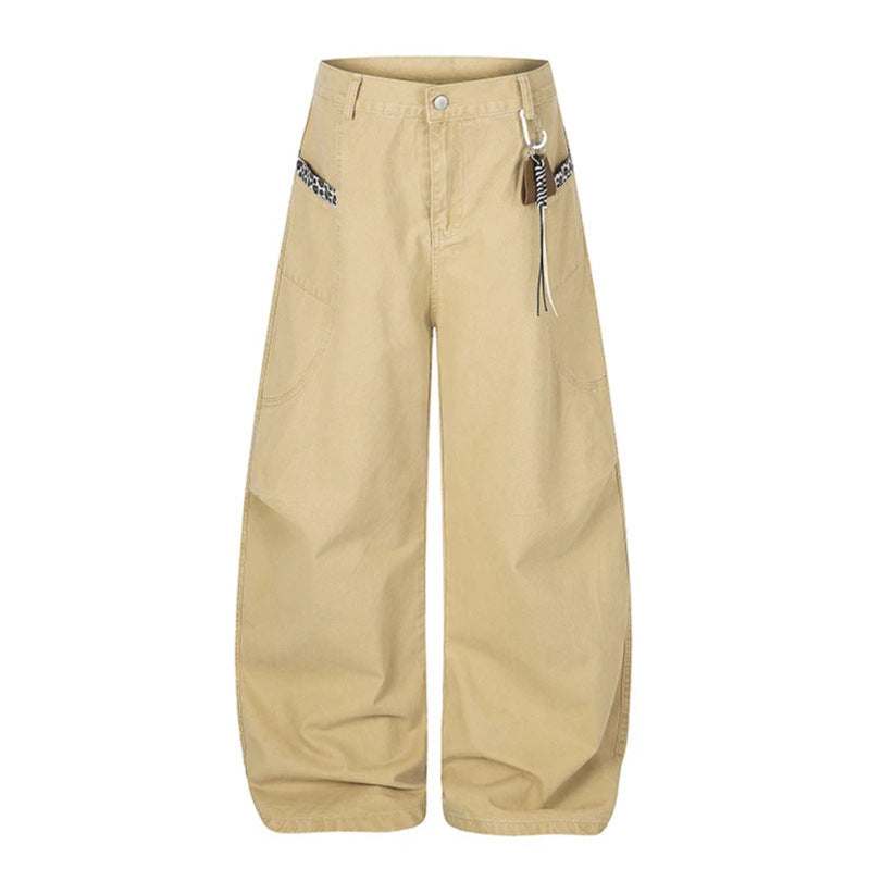 Damen Extraweite Palazzohose mit hoher Taille, Cargo‑Taschen und dekorativem Schlüsselanhänger Drune