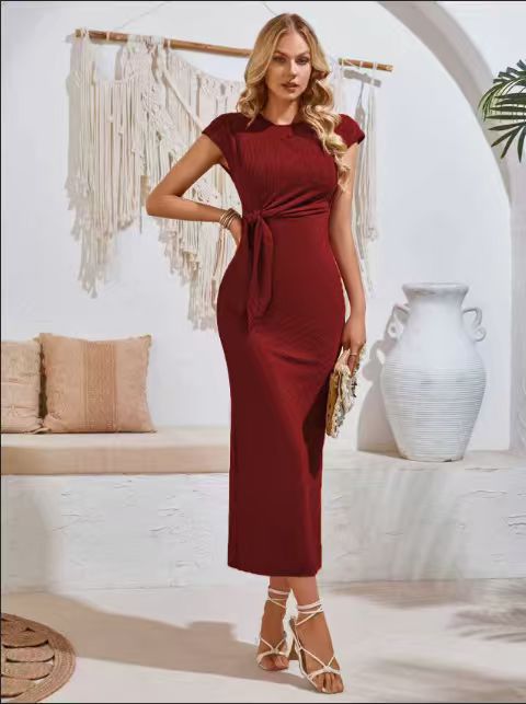 Damen elegantes Maxikleid mit innovativer Raffung und Taillengürtel Drune