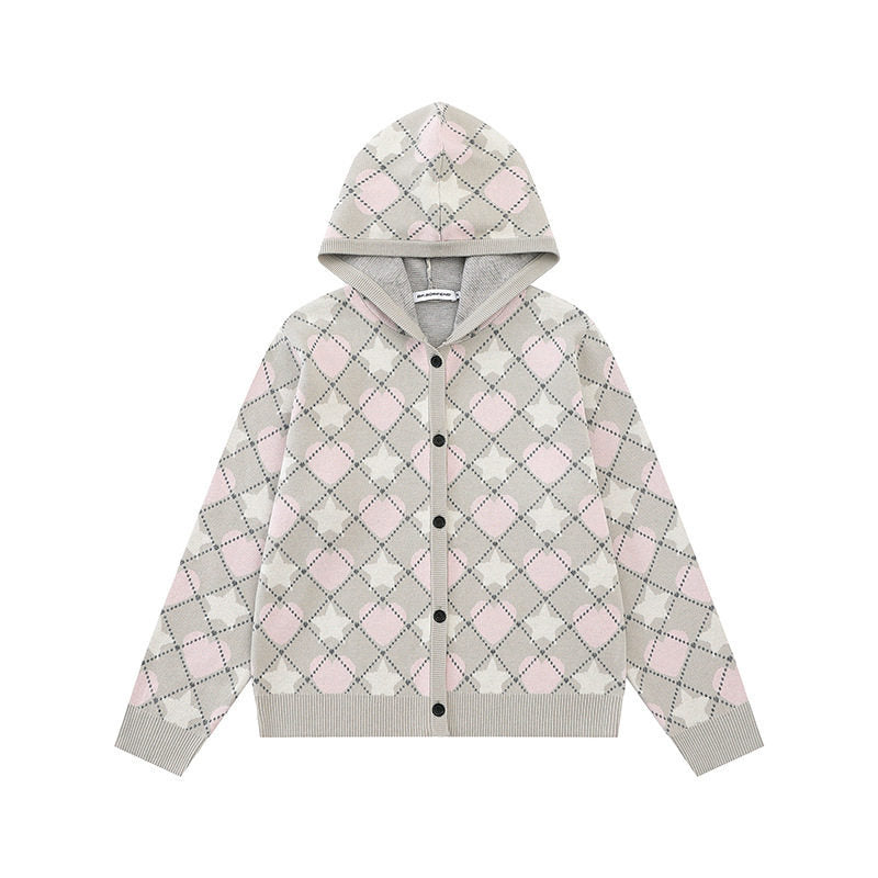 Damen Strick-Kapuzenjacke mit Rautenjacquard und Knopfleiste Drune