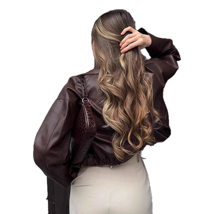 Damen cropped Lederjacke mit robustem Kragen und praktischen Taschen Drune