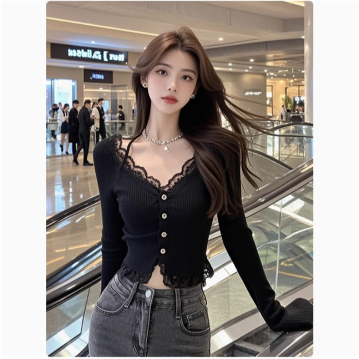 Damen elegantes Langarmshirt mit Spitzenbesatz Drune