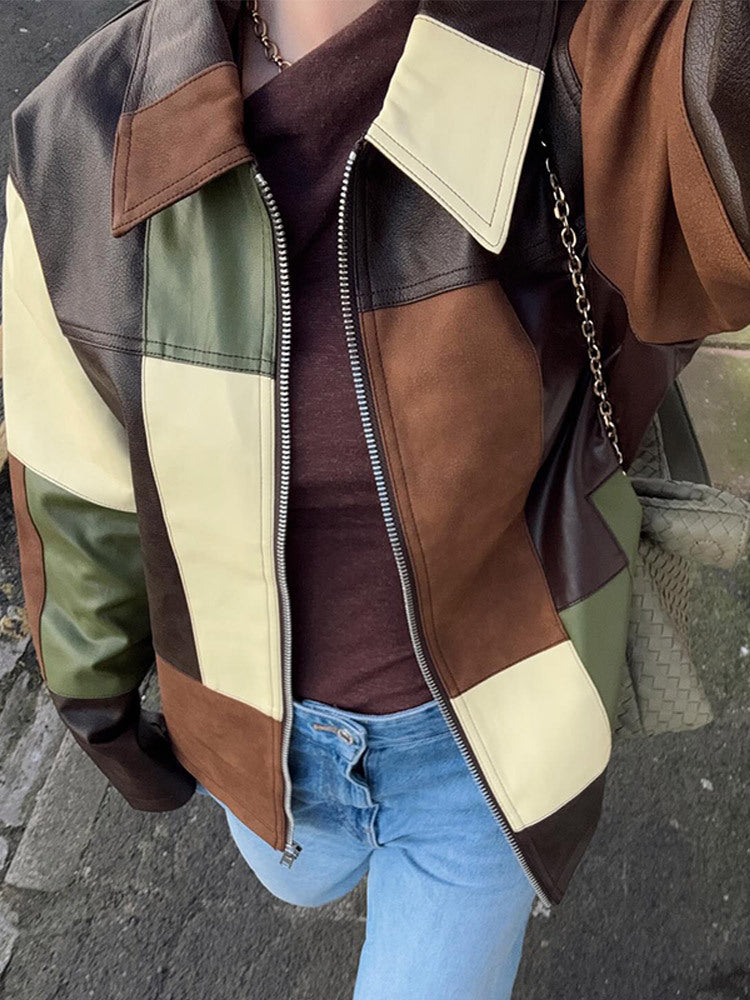 Damen Patchwork-Lederjacke mit Reißverschluss und Oversize-Boxy-Schnitt Drune