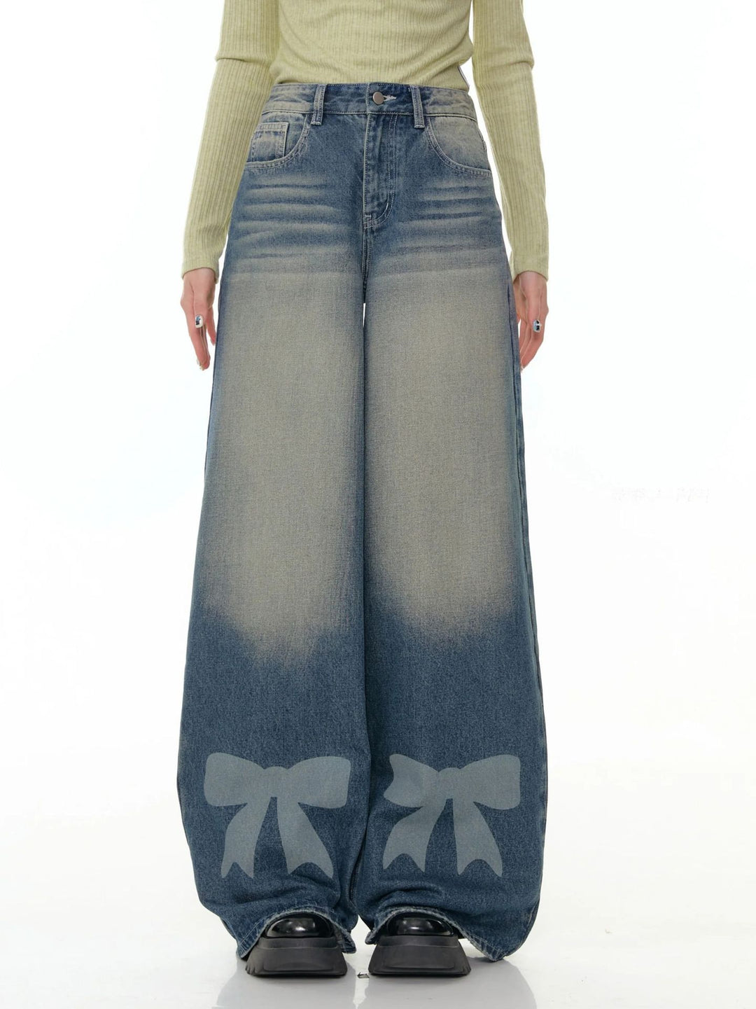 Damen nan hochtaillierte Palazzohose aus Denim mit extra weitem Bein und Schleifenprint Drune
