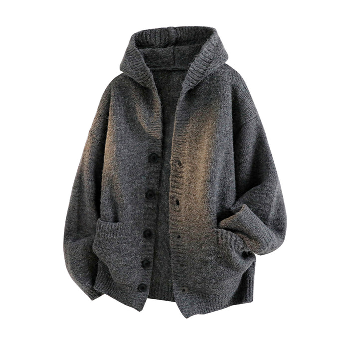 Damen Gemütliche Strickjacke mit Kapuze und Knöpfen Drune
