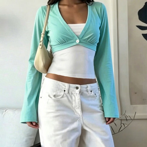 Damen Bolero-inspiriertes Crop-Top mit tailliertem Unterteil, V‑Ausschnitt und ausgestellten Ärmeln Drune