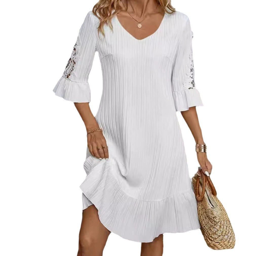Damen Kurzarm Kleid mit voluminösem Saum und Spitzenärmeln Drune