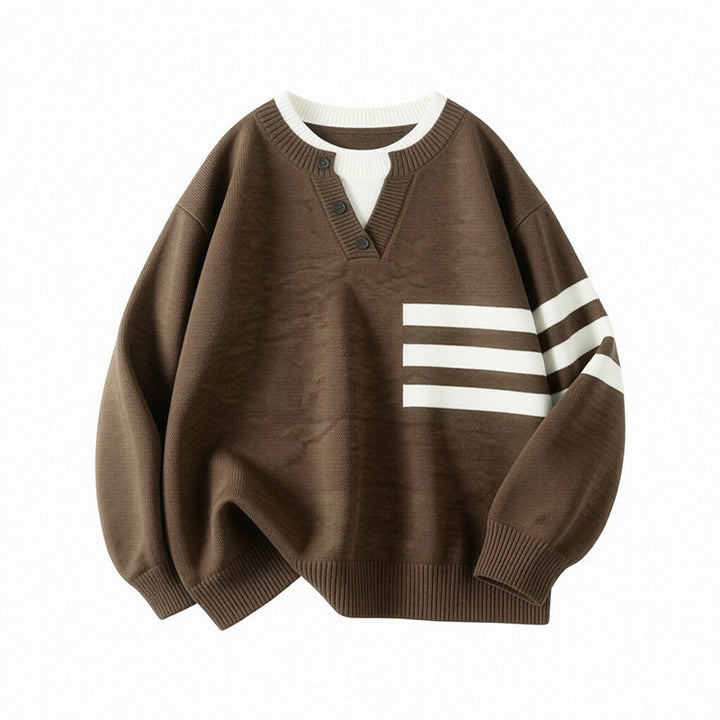Damen Sportlicher Oversize Pullover mit Knopfleiste und Streifen Drune