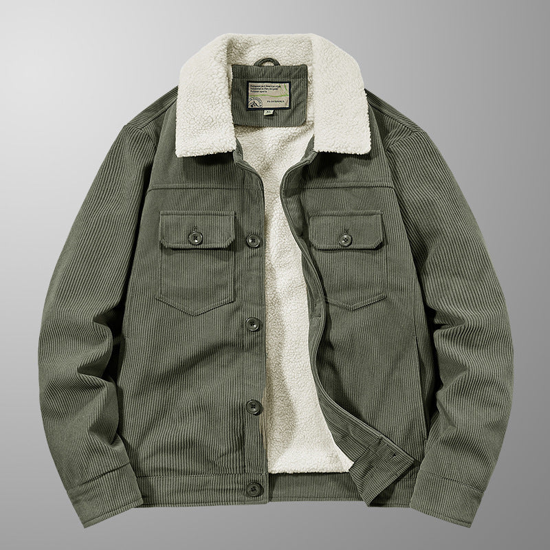Herren Cord-Workjacke mit Sherpa-Innenfutter, Reverskragen und Druckknopfleiste Drune