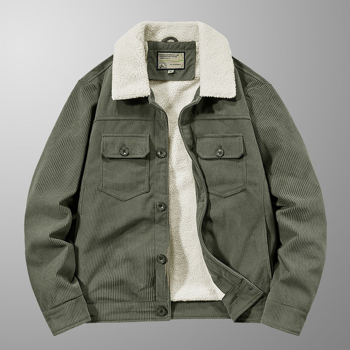 Herren Cord-Workjacke mit Sherpa-Innenfutter, Reverskragen und Druckknopfleiste Drune