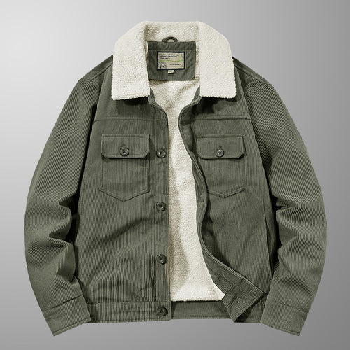 Herren Cord-Workjacke mit Sherpa-Innenfutter, Reverskragen und Druckknopfleiste Drune