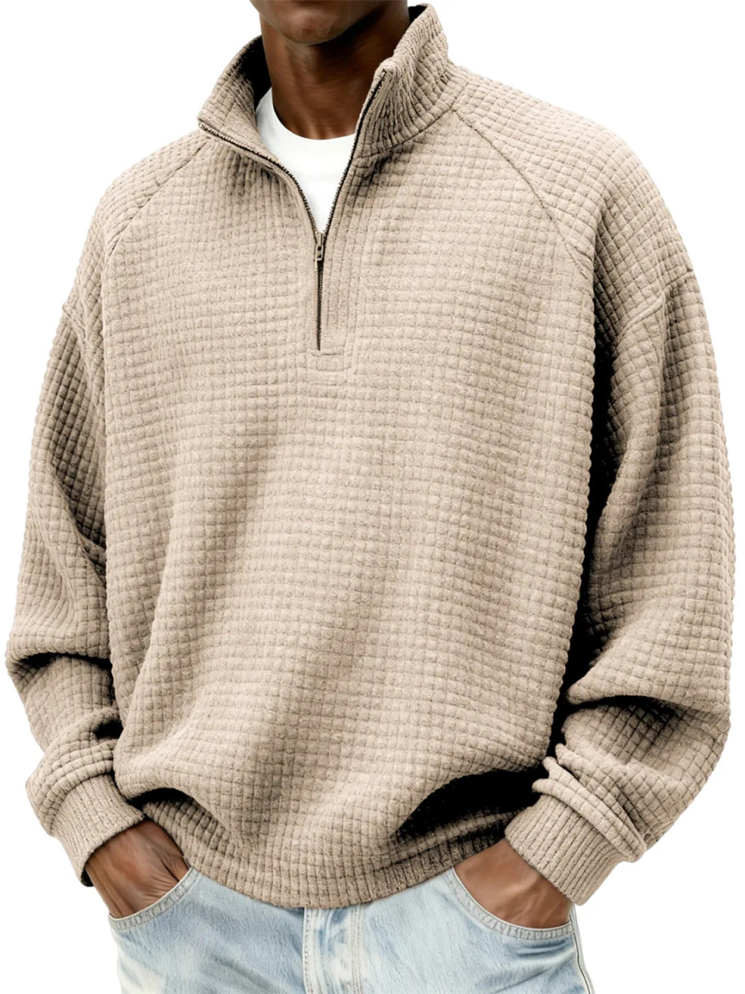 Herren Waffelstrick-Oversize-Pullover mit Halbreißverschluss und Stehkragen Drune