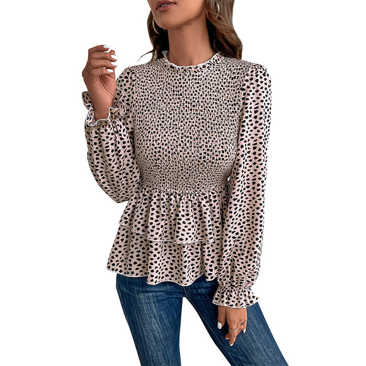 Damen Gesmokte Volant-Bluse mit Rüschen-Taille und langen Ärmeln Drune