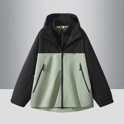 Herren Zweifarbige Softshell-Hybridjacke mit Kapuze, verlängerter Rücken und wasserabweisenden Reißverschlüssen Drune