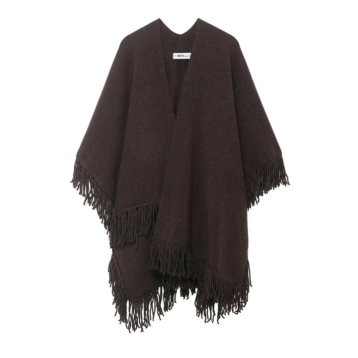 Damen Fransen-Poncho aus weichem Wollmix mit V‑Ausschnitt Drune