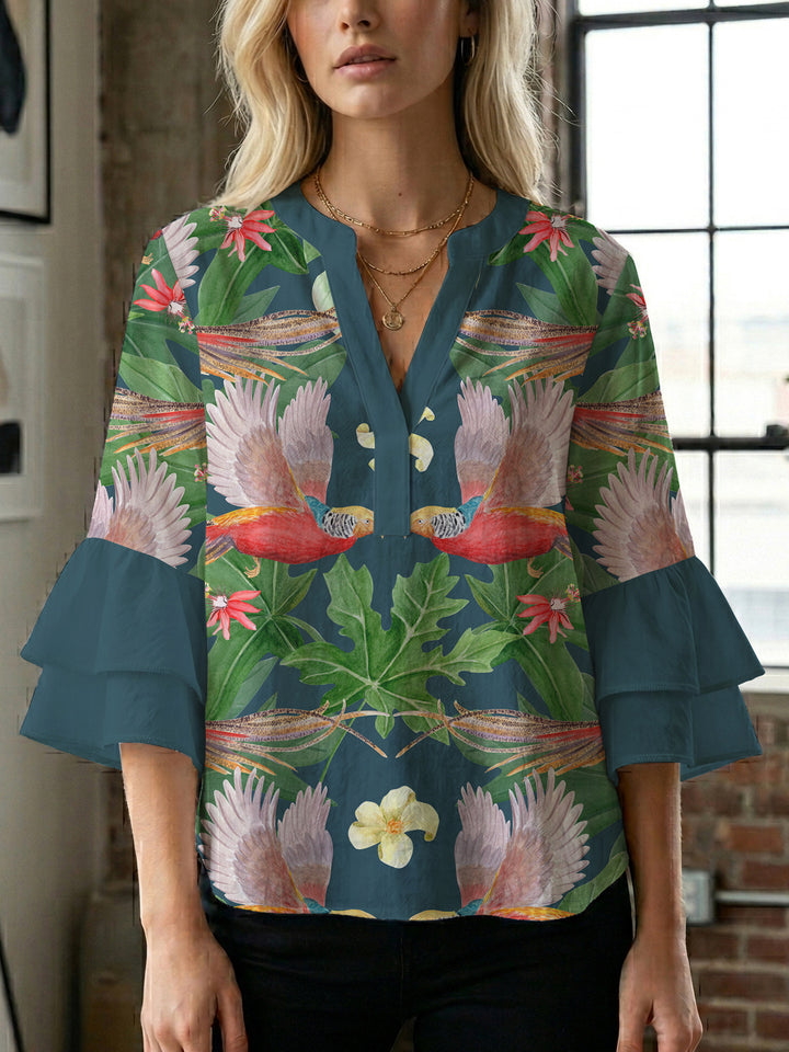 Damen Bluse mit voluminösen Ärmeln und floralem Design Drune