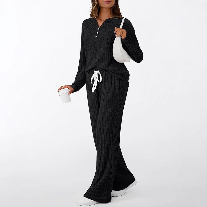 Damen Rippstrick-Lounge-Set mit Knopfleiste und weitem Kordelbund-Hose Drune