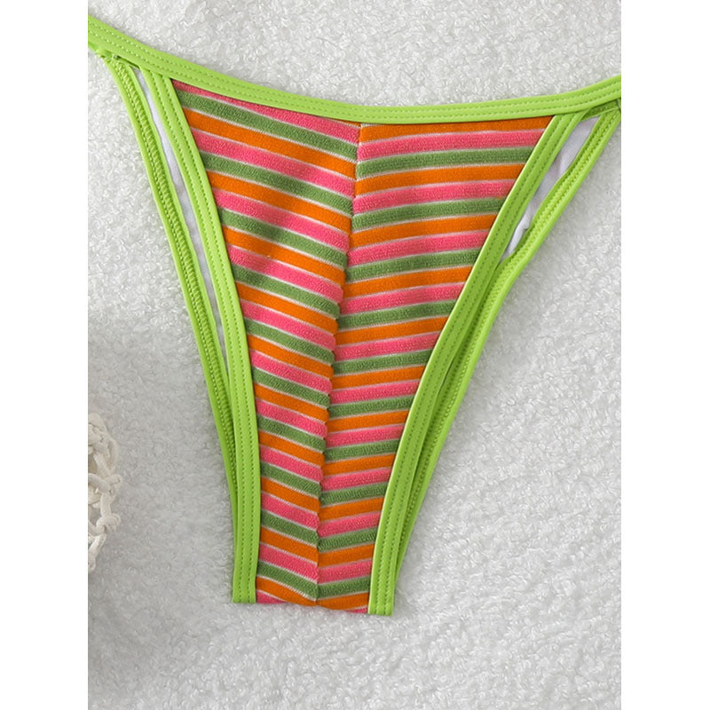 Damen Triangel-Bikini mit fröhlichem Streifenmuster und verstellbaren Trägern Drune