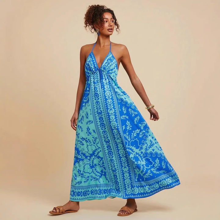 Damen Maxikleid mit tiefem V-Ausschnitt und floralen Musterdetails Drune