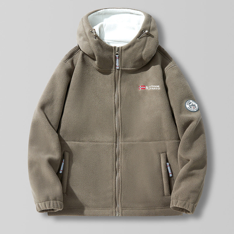 Unisex nan Kapuzen-Fleecejacke mit hochgeschlossenem Haubenkragen, durchgehendem Reißverschluss und seitlichen Einschubtaschen Drune