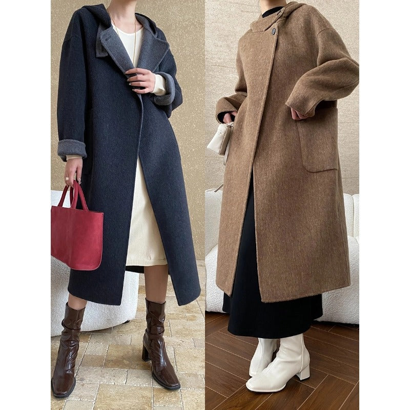 Damen eleganter Wickelmantel mit aufwendigen Kragendetails und warmen Futter Drune