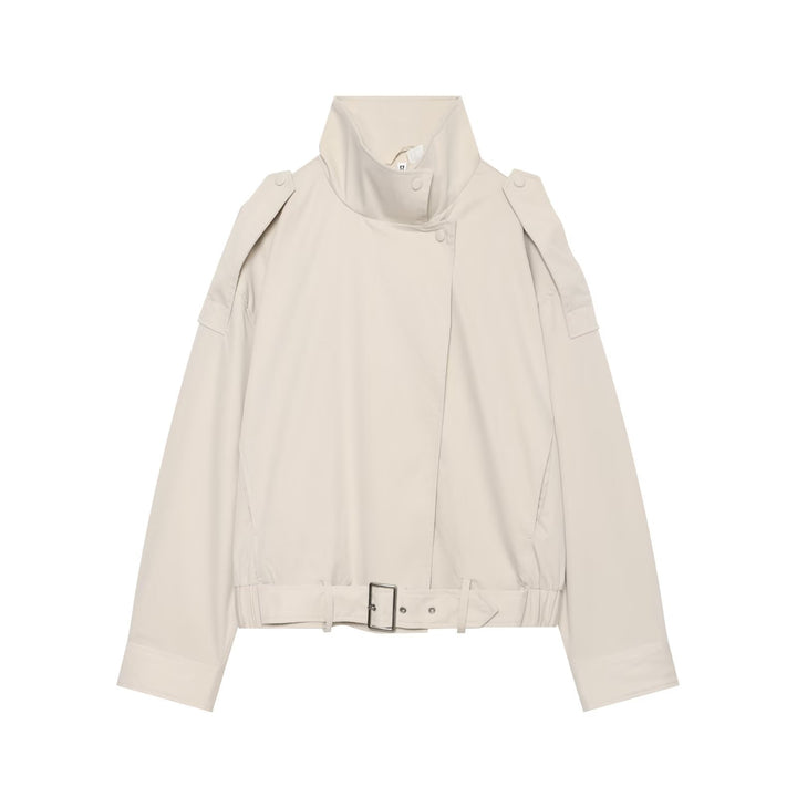 Damen Kurz geschnittene Trench-inspirierte Jacke mit hohem Stehkragen und Taillengürtel Drune