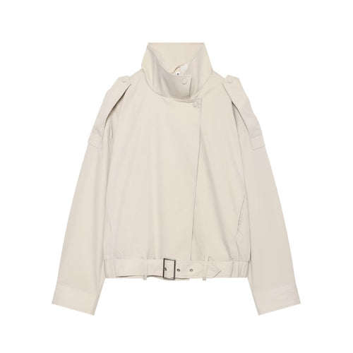 Damen Kurz geschnittene Trench-inspirierte Jacke mit hohem Stehkragen und Taillengürtel Drune