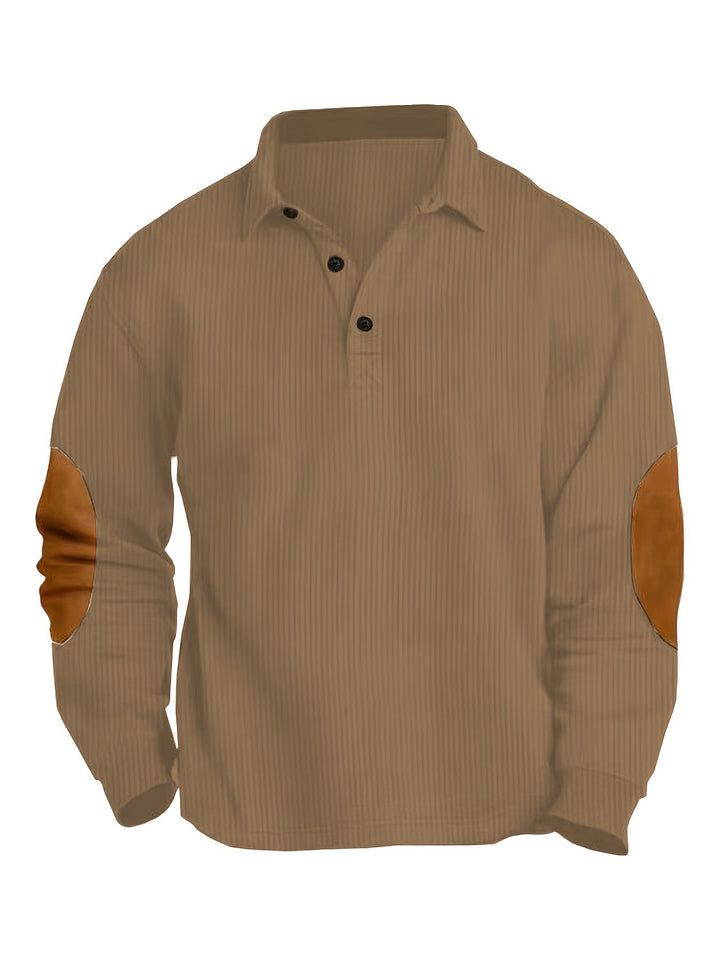 Herren nan legeres Langarm-Poloshirt mit Hemdkragen, kurzer Knopfleiste, feiner Struktur und Velours-Ellenbogenbesatz Drune