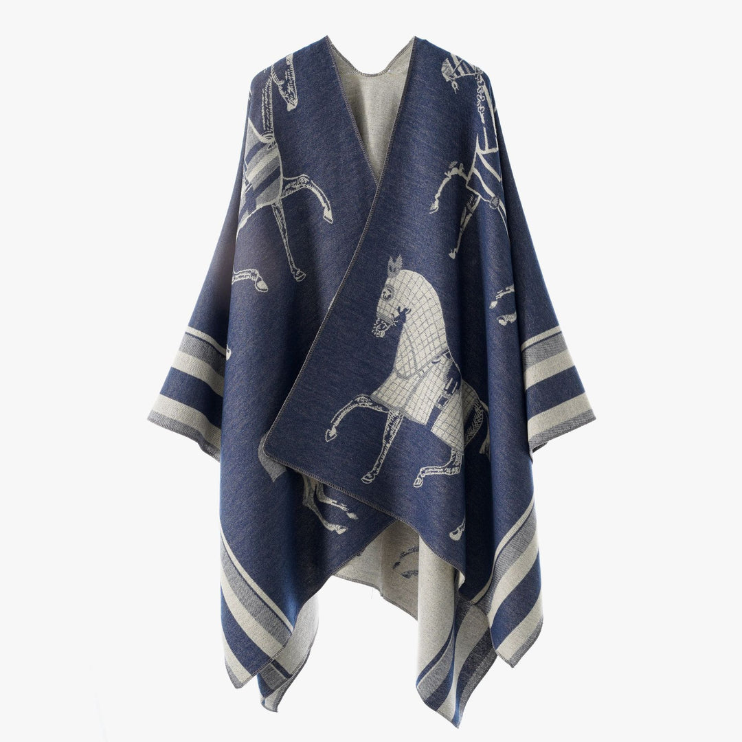 Damen Jacquard-Poncho-Überwurf mit Pferde-Motiv und kastiger Kimono-Silhouette Drune