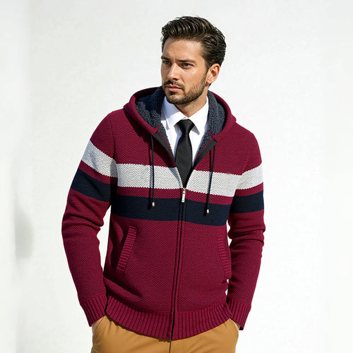 Herren modischer Strickhoodie mit kontrastierenden Zierstreifen und praktischen Taschen Drune
