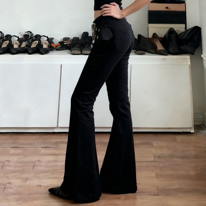 Damen High‑Waist Schlaghose aus Stretch‑Denim mit Ösengürtel Drune