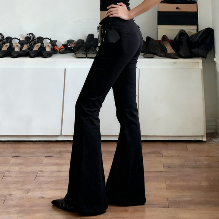 Damen High‑Waist Schlaghose aus Stretch‑Denim mit Ösengürtel Drune