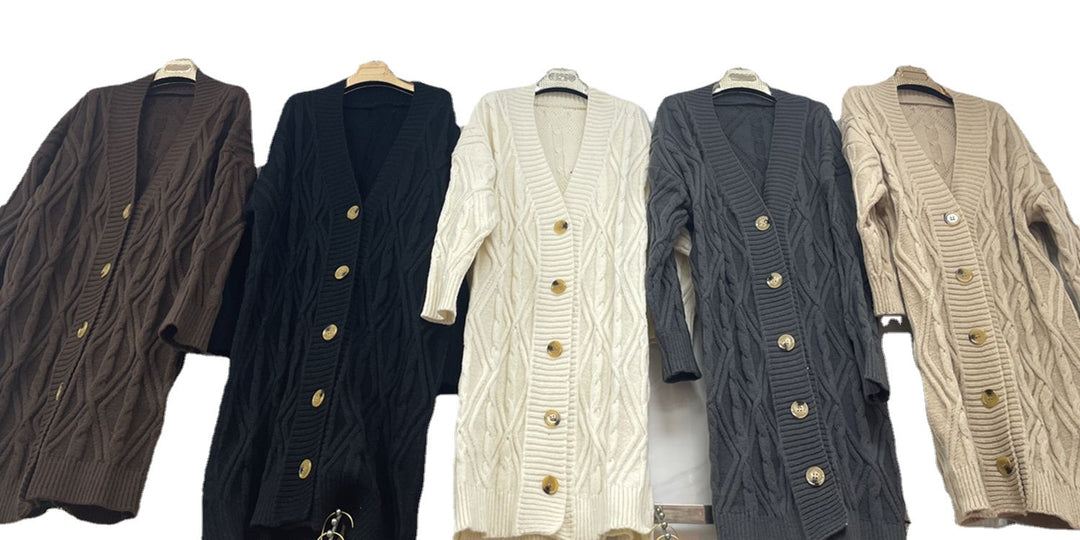 Damen Großer Strickmantel mit geometrischem Zopfdesign und praktischen Knöpfen Drune