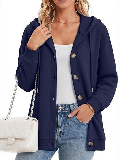 Damen Fleece-Kapuzencardigan mit Knopfleiste, Raglanärmeln und Eingrifftaschen Drune