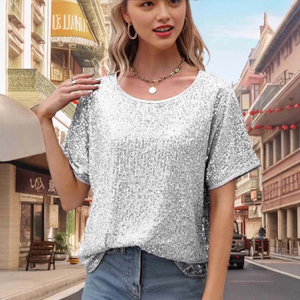 Damen Glitzernde Kurzarm-Bluse Drune