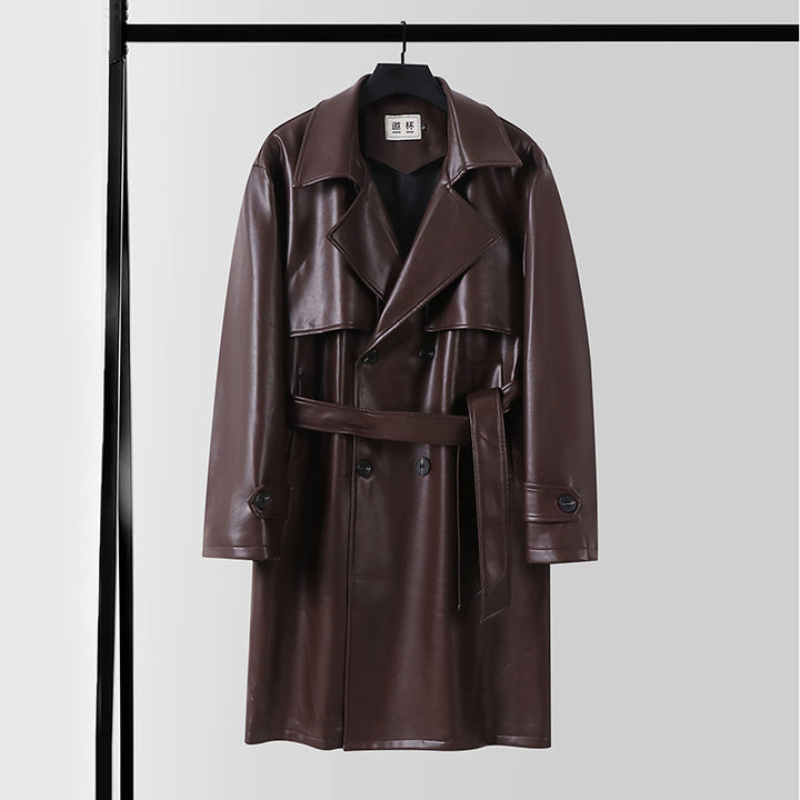 Herren Lederimitat-Trenchcoat mit Doppelreiher, Oversize-Schnitt und Manschettenriegel Drune