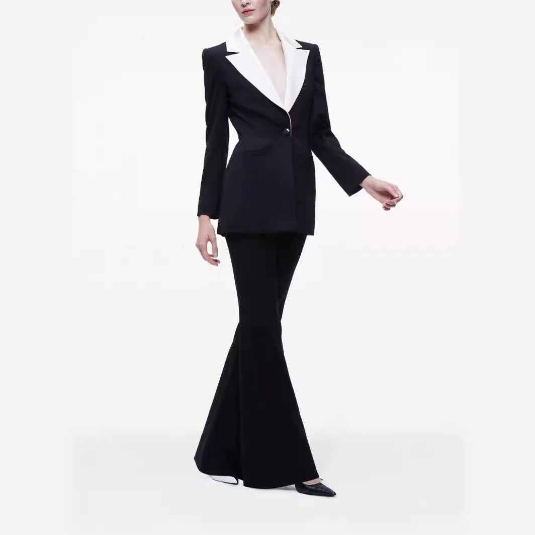 Damen Elegantes Zweiteiliges Smokingset mit kontrastierendem Schalkragen und ausgestellter Schlaghose Drune