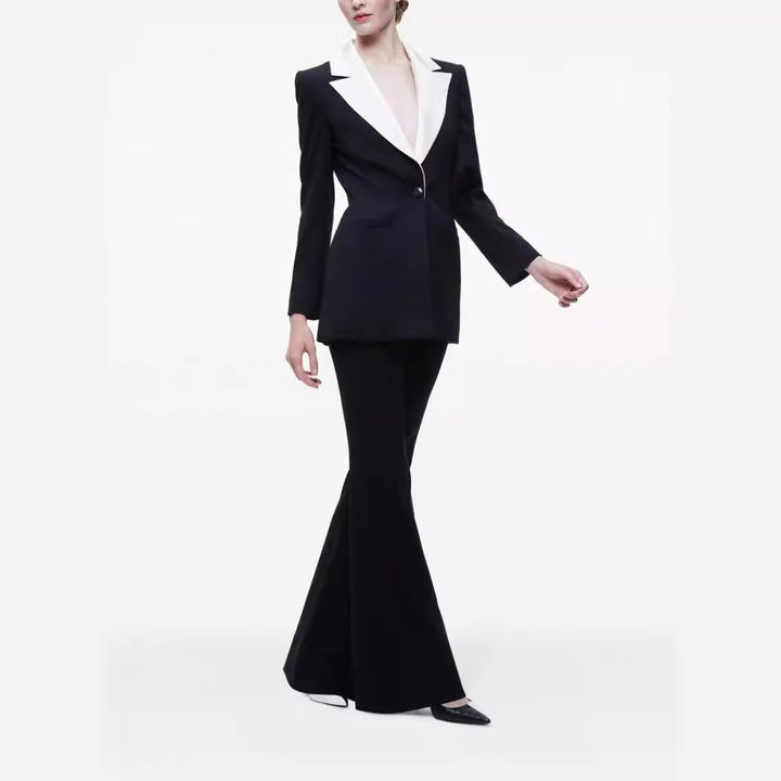 Damen Elegantes Zweiteiliges Smokingset mit kontrastierendem Schalkragen und ausgestellter Schlaghose Drune