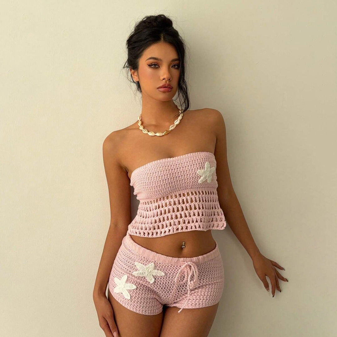 Damen gehäkeltes Strand-Set mit verstellbarem Oberteil und Shorts Drune