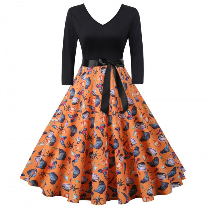 Damen Vintage-inspiriertes Swingkleid mit V-Ausschnitt, Dreiviertelärmeln und voluminösem Tellerrock Drune